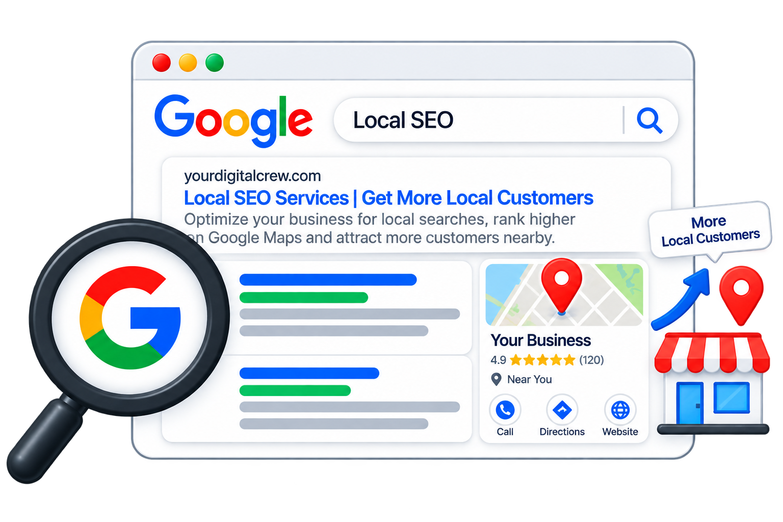 Google search results for SEO services, showing yourdigitalcrew.com ranking with a magnifying glass icon